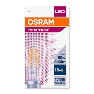 OSRAM LEDVANCE LED Glhlampenform Parathom Filament Classic A CLA60 E27 6 Watt 827 warmweiss extra klar