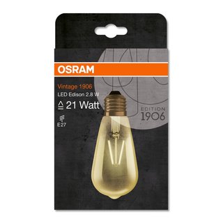 OSRAM LEDVANCE LED Edison Filament Vintage 1906 Gold 2,8 Watt 824 2400 Kelvin warmweiss extra E27 klar