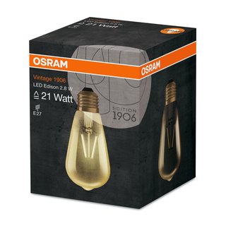 OSRAM LEDVANCE LED Edison Filament Vintage 1906 Gold 2,8 Watt 824 2400 Kelvin warmweiss extra E27 klar